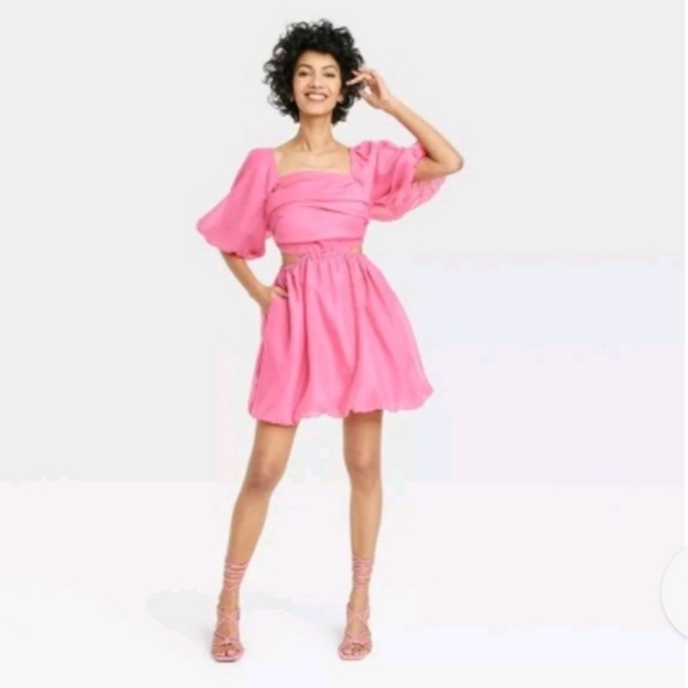 NWT Women's Puff Short Sleeve Cut Out Bubble A-Line Dress - A New Day Pink XS